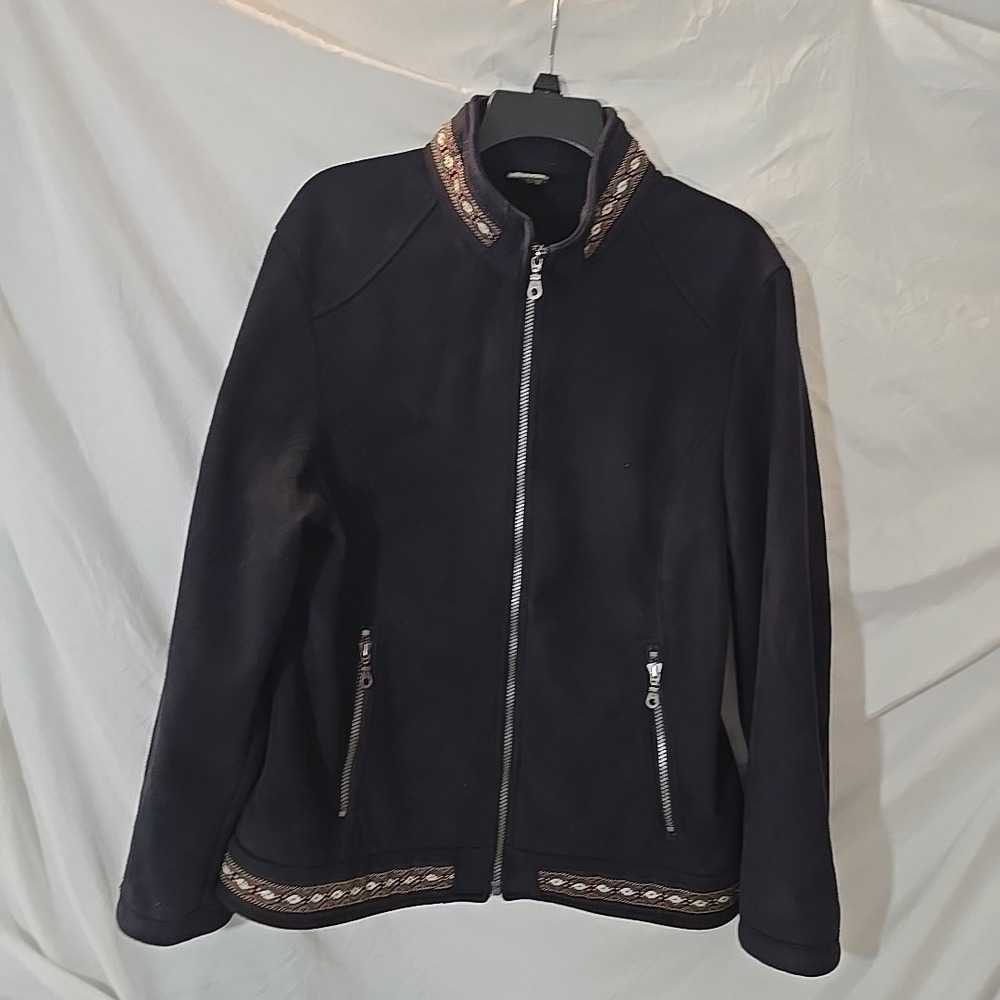 Cabelas Women's Suede Jacket Black With Colorful Southwest Trim Full Zip Size L